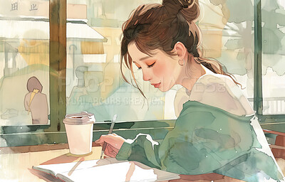 Notebook, coffee and cartoon of woman in cafe writing information with studying for university test. Animation, art and Asian female person journal with cappuccino in restaurant for creative design.
