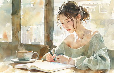 Book, coffee and cartoon of woman in cafe writing information with studying for university test. Animation, art and Asian female person journaling with cappuccino in restaurant for creative design.