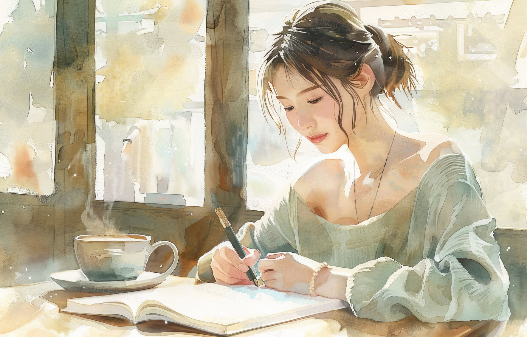 Buy stock photo Book, coffee and cartoon of woman in cafe writing information with studying for university test. Animation, art and Asian female person journaling with cappuccino in restaurant for creative design.