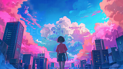 City, landscape and anime with girl and sky, child and student in Japan painting for graphic wallpaper. Urban, illustration and kid standing, buildings or thinking and wondering for peace or clouds