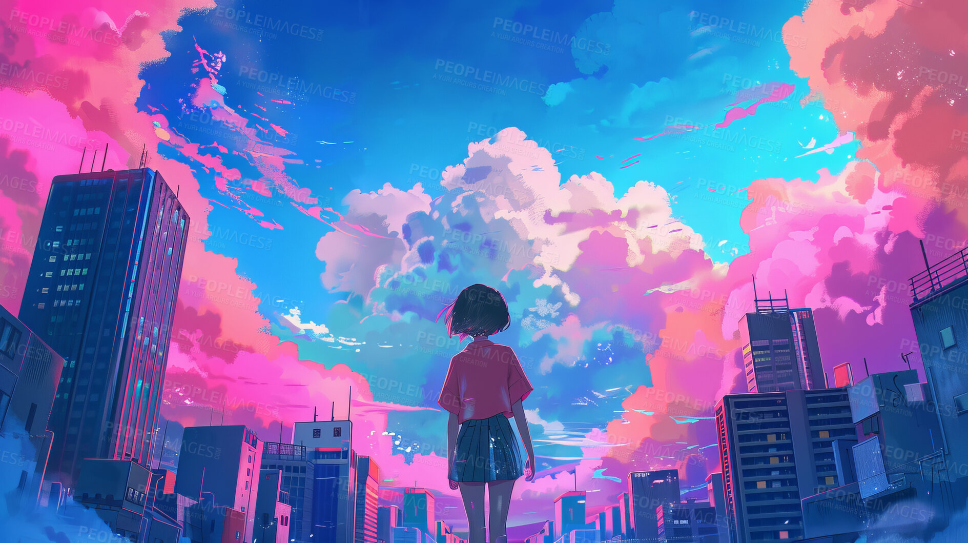 Buy stock photo City, landscape and anime with girl and sky, child and student in Japan painting for graphic wallpaper. Urban, illustration and kid standing, buildings or thinking and wondering for peace or clouds