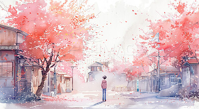 Watercolor, artwork and person in city or trees as creative design or wallpaper, illustration or back. Downtown, commute and nature drawing or suburban home for travel or paint, road or pedestrian