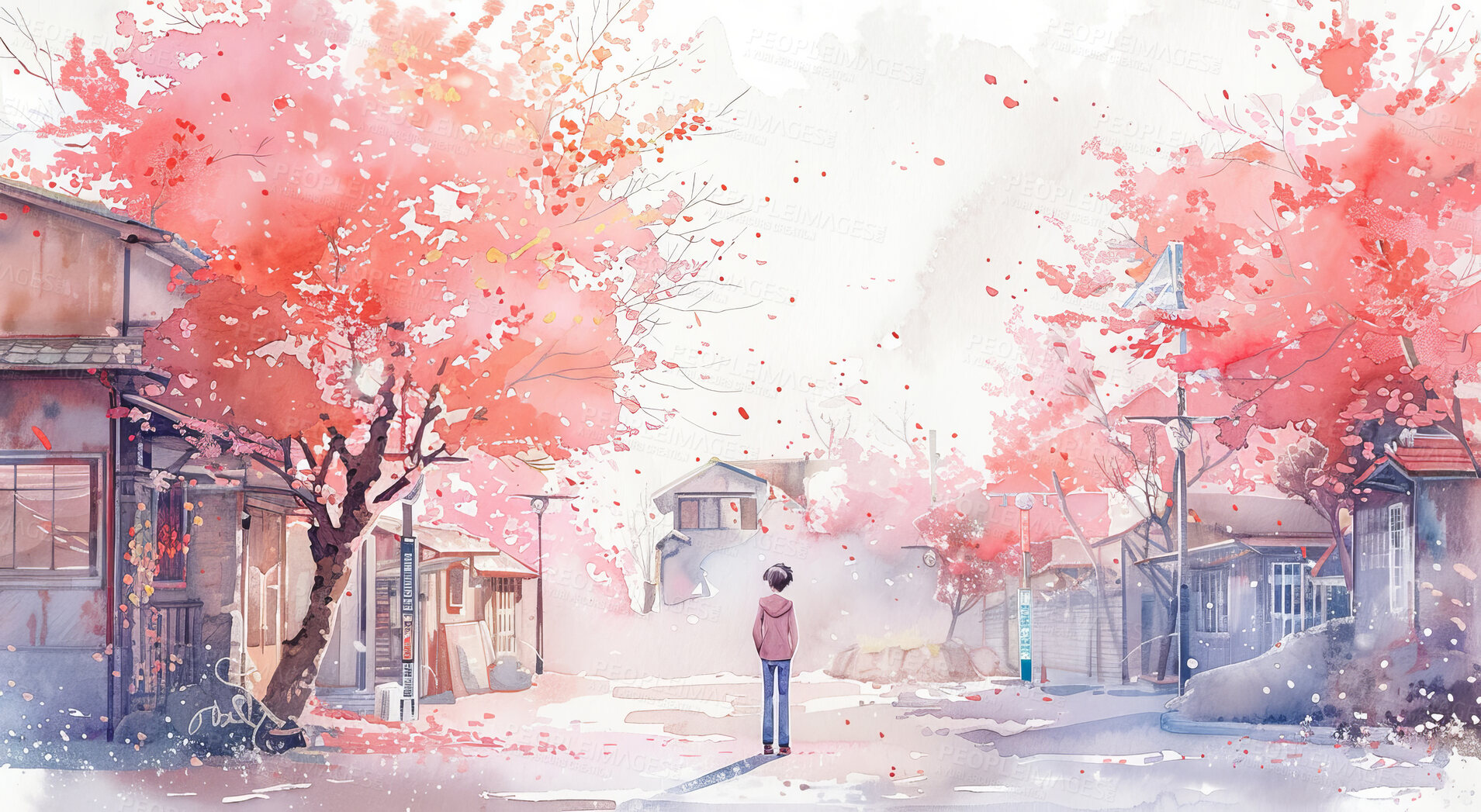 Buy stock photo Watercolor, artwork and person in city or trees as creative design or wallpaper, illustration or back. Downtown, commute and nature drawing or suburban home for travel or paint, road or pedestrian