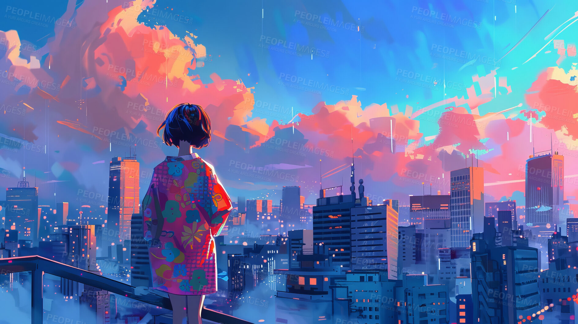 Buy stock photo Art, painting and woman in city, anime and wallpaper with illustration, graphic design and creative. Person, girl and color with urban town, artistic and oil with deco, canvas and drawing with sketch
