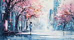 Watercolor, Japan and girl in cherry blossom city, walking and zen in spring with creative digital art wallpaper. Drawing, anime or illustration of person in street with sakura trees in urban garden.