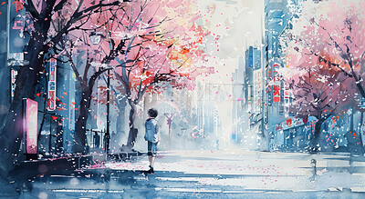 Watercolor, Japan and girl in cherry blossom city, walking and zen in spring with creative digital art wallpaper. Drawing, anime or illustration of person in street with sakura trees in urban garden.