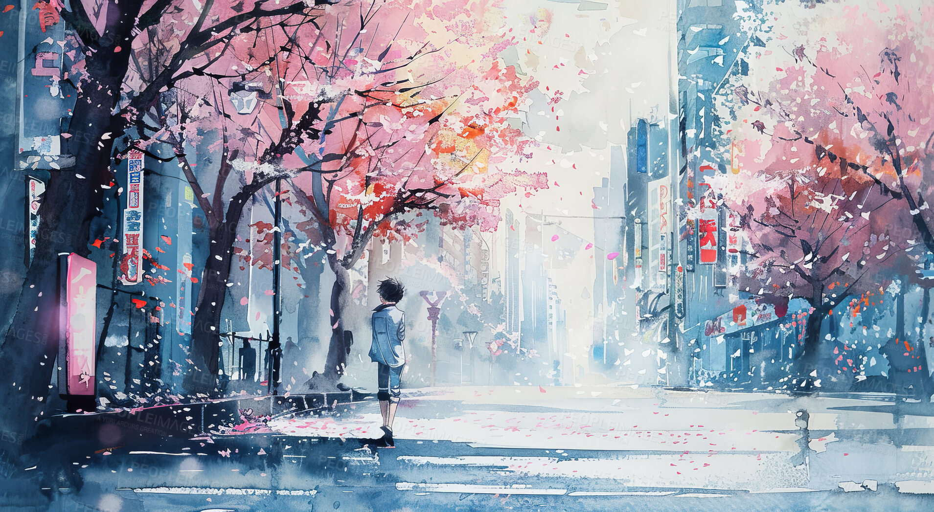 Buy stock photo Watercolor, Japan and girl in cherry blossom city, walking and zen in spring with creative digital art wallpaper. Drawing, anime or illustration of person in street with sakura trees in urban garden.