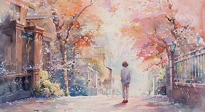 Art, japan and anime person walking in town with cherry blossom trees, thinking and outdoor for Japanese animation. Graphic illustration, drawing and sketch for creative design and cartoon wallpaper.