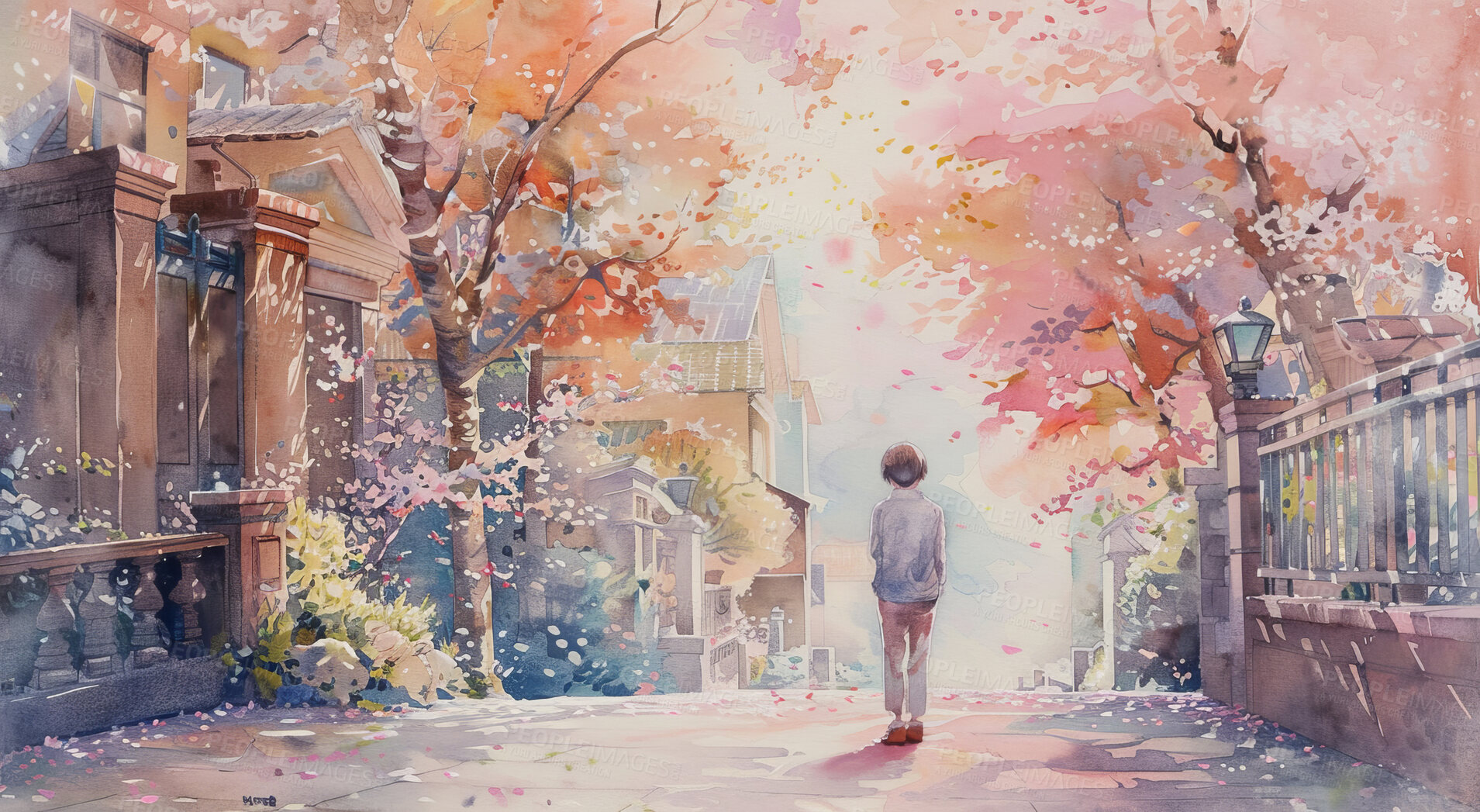 Buy stock photo Art, japan and anime person walking in town with cherry blossom trees, thinking and outdoor for Japanese animation. Graphic illustration, drawing and sketch for creative design and cartoon wallpaper.