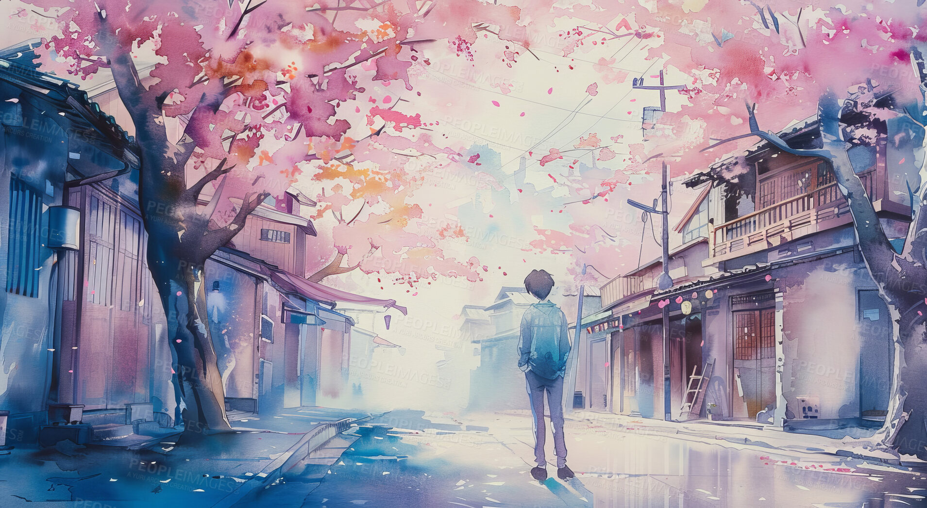 Buy stock photo City, landscape and anime with boy and sky, child and student in Japan painting for graphic wallpaper. Urban, illustration and kid standing, buildings or thinking and wondering for peace or clouds