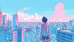 Anime, buildings and woman on rooftop in city with clouds on blue sky, thinking and zen in creative digital art. Drawing, character or illustration of girl on roof with skyline on fantasy wallpaper.