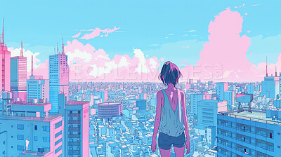 Anime, buildings and woman on rooftop in city with clouds on blue sky, thinking and zen in creative digital art. Drawing, character or illustration of girl on roof with skyline on fantasy wallpaper.