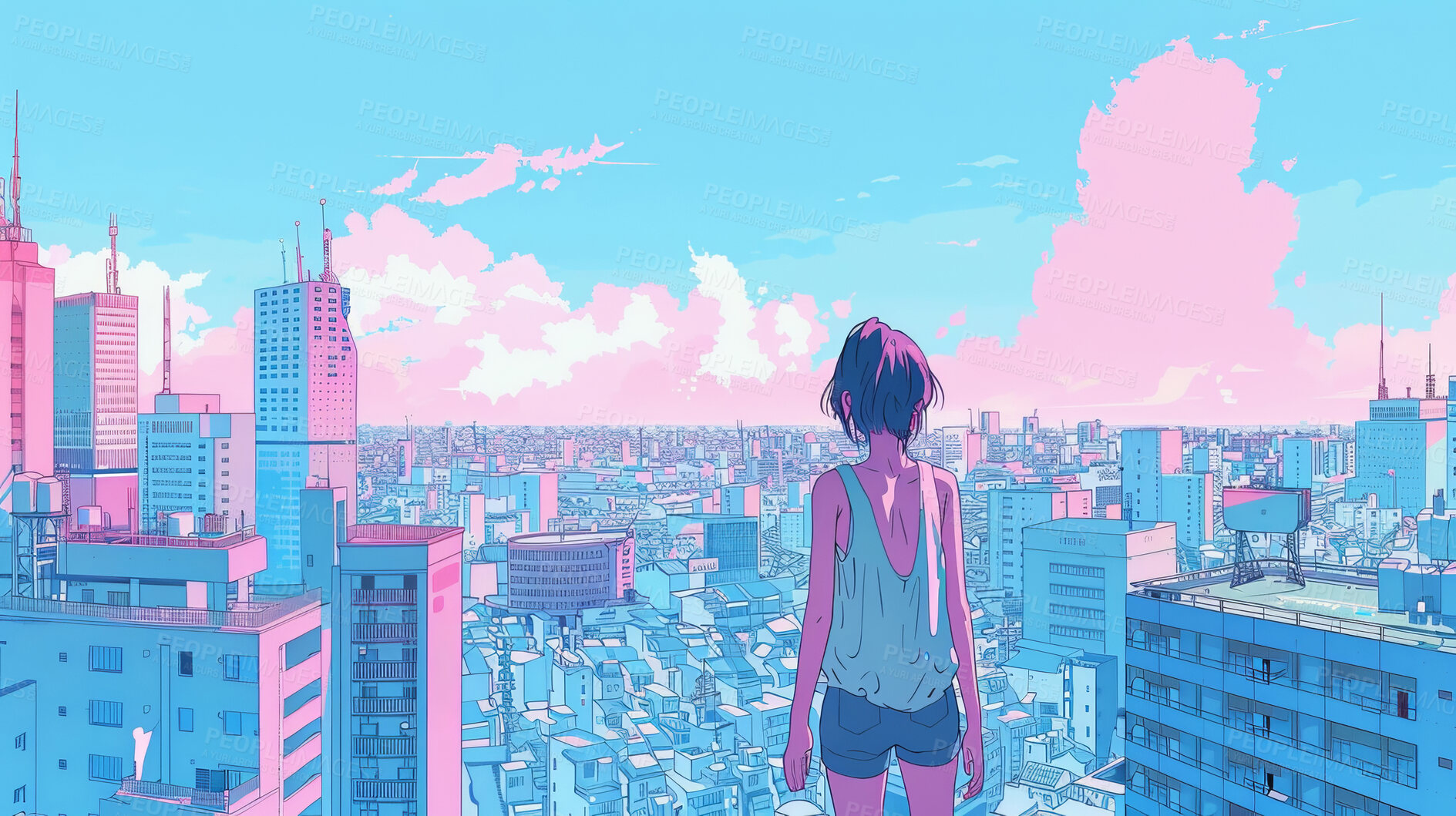 Buy stock photo Anime, buildings and woman on rooftop in city with clouds on blue sky, thinking and zen in creative digital art. Drawing, character or illustration of girl on roof with skyline on fantasy wallpaper.