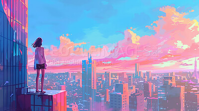 City, landscape and anime with girl for art, child and student in Japan painting for graphic wallpaper. Urban, illustration and kid standing on buildings and thinking or wondering for peace or clouds