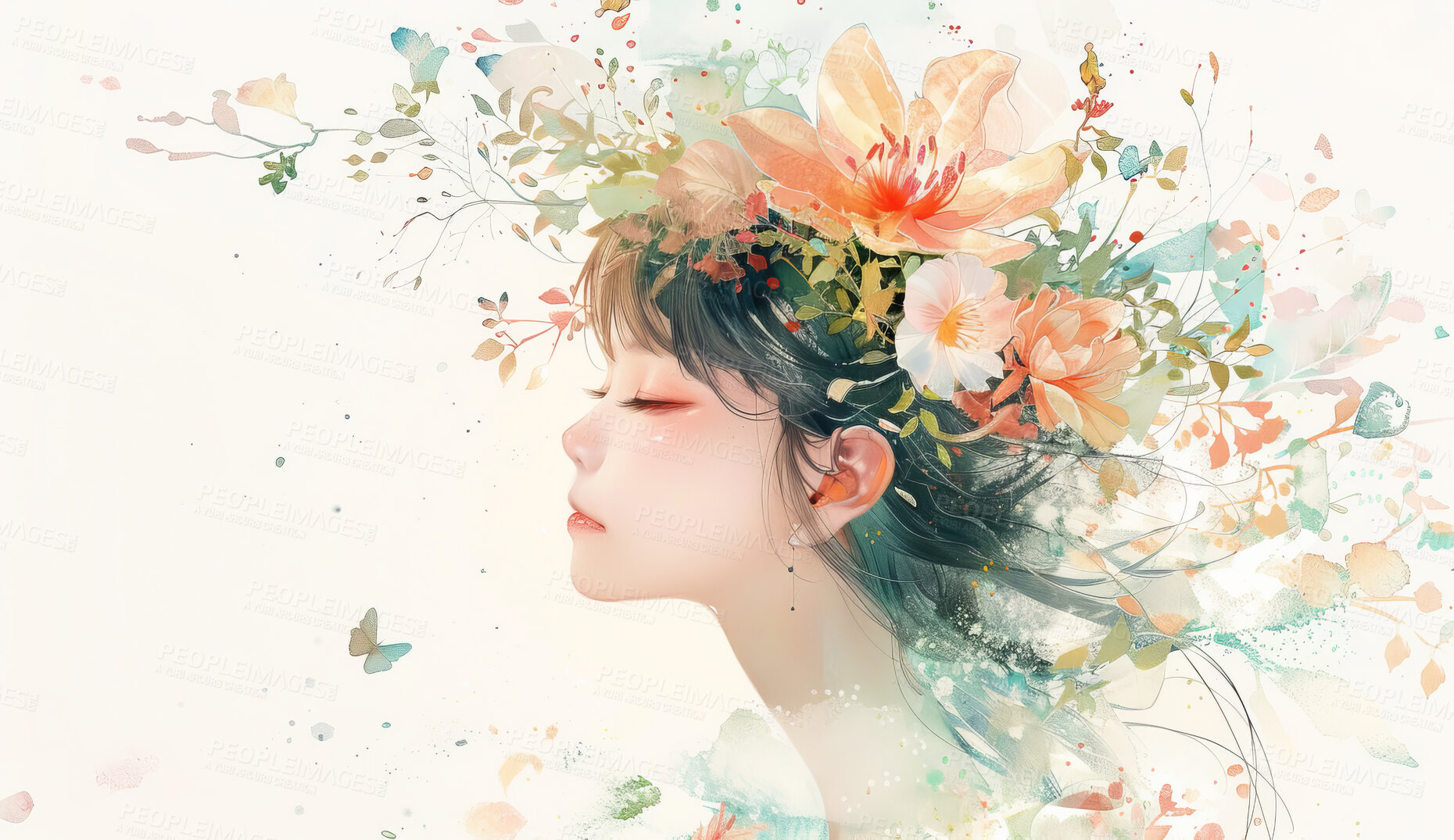 Buy stock photo Illustration, paint and woman with flowers for art and anime drawing or painting for wallpaper or background. Girl, nature and floral for beauty or creative, artistic and watercolor craft in studio.
