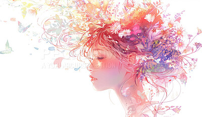 Woman, illustration and art with abstract for anime with flowers in hair with peace or zen with eyes closed. Mockup, design and wallpaper with beauty, artistic and fantasy with creative or rainbow