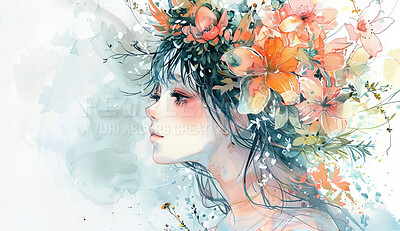 Drawing, anime and woman with flowers for art and illustration or painting for wallpaper or background. Girl, nature and floral for beauty or creative, artistic and watercolor craft in studio.