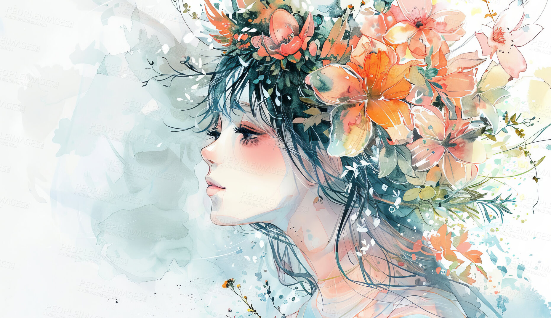 Buy stock photo Drawing, anime and woman with flowers for art and illustration or painting for wallpaper or background. Girl, nature and floral for beauty or creative, artistic and watercolor craft in studio.