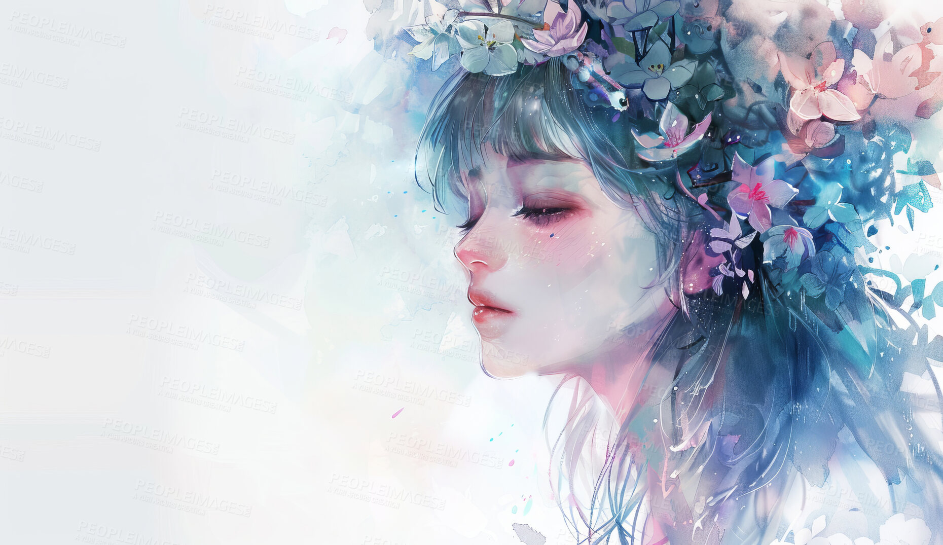 Buy stock photo Drawing, anime and woman with flowers for art and illustration or painting for wallpaper or background. Girl, nature and floral for beauty or creative, artistic and watercolor craft in studio.