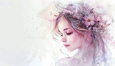 Drawing, sketch and girl with flowers for paint and anime illustration or painting for wallpaper or background. Woman, nature and floral for beauty or creative, artistic and fantasy craft in studio.