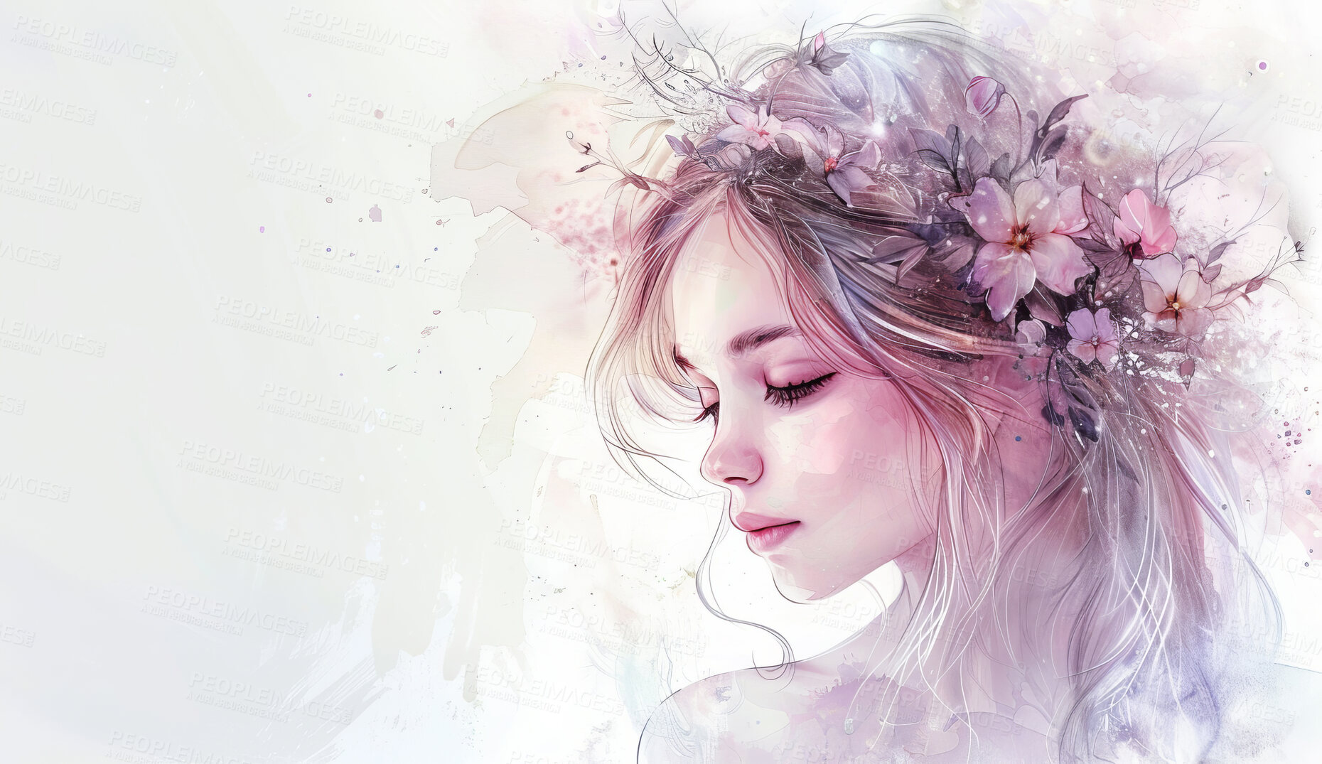 Buy stock photo Drawing, sketch and girl with flowers for paint and anime illustration or painting for wallpaper or background. Woman, nature and floral for beauty or creative, artistic and fantasy craft in studio.