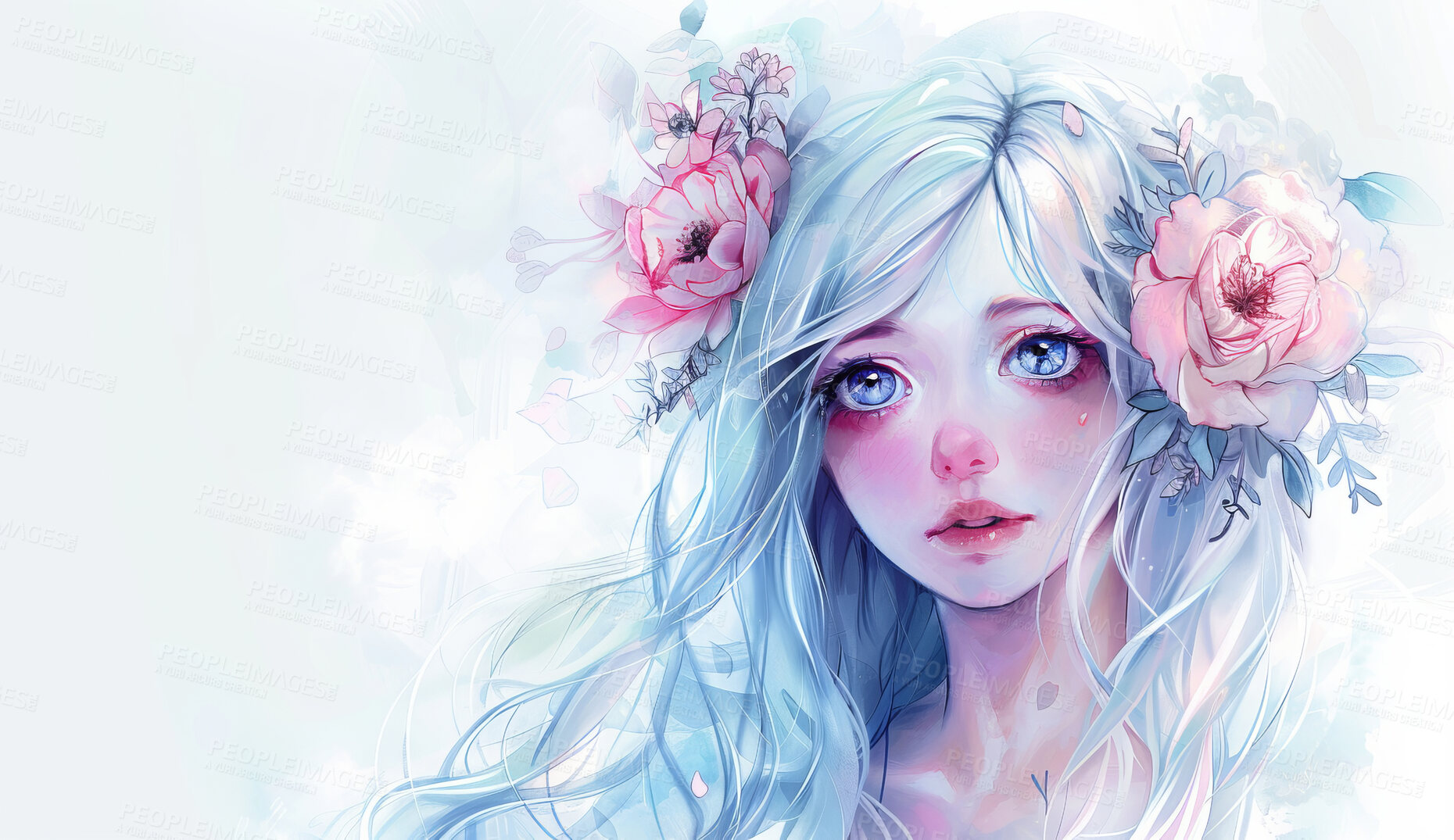 Buy stock photo Drawing, sketch and girl with flowers for paint and anime illustration or painting for wallpaper or background. Woman, nature and floral for beauty or creative, artistic and fantasy craft in studio.