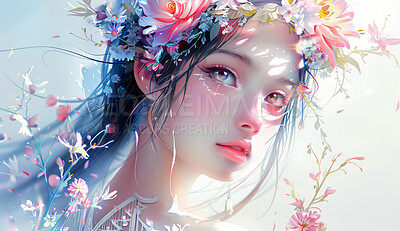 Illustration, woman and anime with flowers for wallpaper with fantasy art, beauty and paint. Background, fairy and surreal with draw for realistic or digital artwork with people, colors and creative