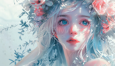 Anime, beauty and face of woman in crown of flowers for winter art, paint or wallpaper illustration. Cartoon, beauty and fashion with drawing of colorful character in painting for creative or design