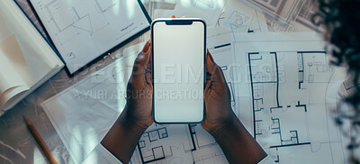 Hands, mockup and cellphone screen for person architect, plans and blueprints for building. Branding, construction and advertising for agency, mobile app and internet for online business promotion