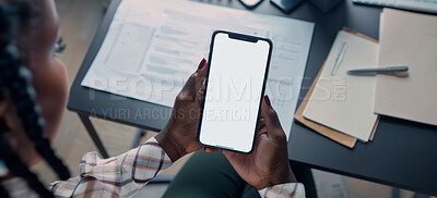 Hands, mockup and cellphone screen for woman architect, plans and blueprints for building. Branding, construction and advertising for agency, mobile app and internet for online business promotion