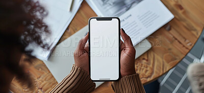 Hands, mockup and cellphone screen for businesswoman, documents and plans on office desk. Technology, advertising and mobile app for interior designer, freelance and paper or contract for online work