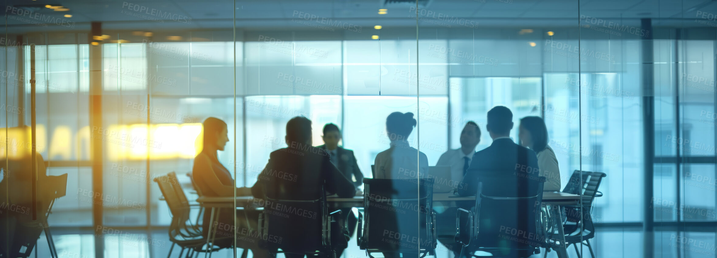 Buy stock photo Workshop, leadership or silhouette of business people in conference room for discussion, growth or development. Planning, teamwork or office employees in meeting for negotiation, acquisition or deal