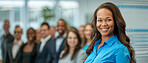 Portrait, leadership and group of business people with woman, confidence and solidarity at HR office. About us, teamwork and happy female manager with support, trust and pride in employee relations.