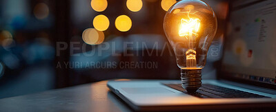 Laptop, lightbulb and business idea or innovation solution as creative startup, visionary or invention. Bokeh, bright and internet connection or inspiration growth, problem solving or entrepreneur