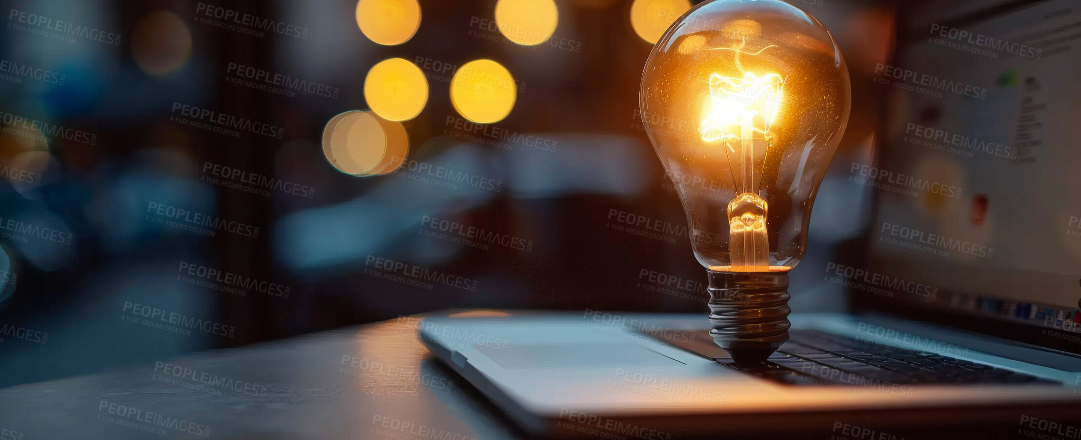 Buy stock photo Laptop, lightbulb and business idea or innovation solution as creative startup, visionary or invention. Bokeh, bright and internet connection or inspiration growth, problem solving or banner