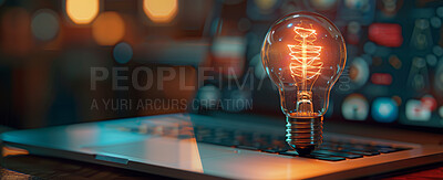 Laptop, lightbulb and business idea or invention solution as creative startup, visionary or digital app. Bokeh, bright and internet connection or inspiration growth, problem solving or entrepreneur