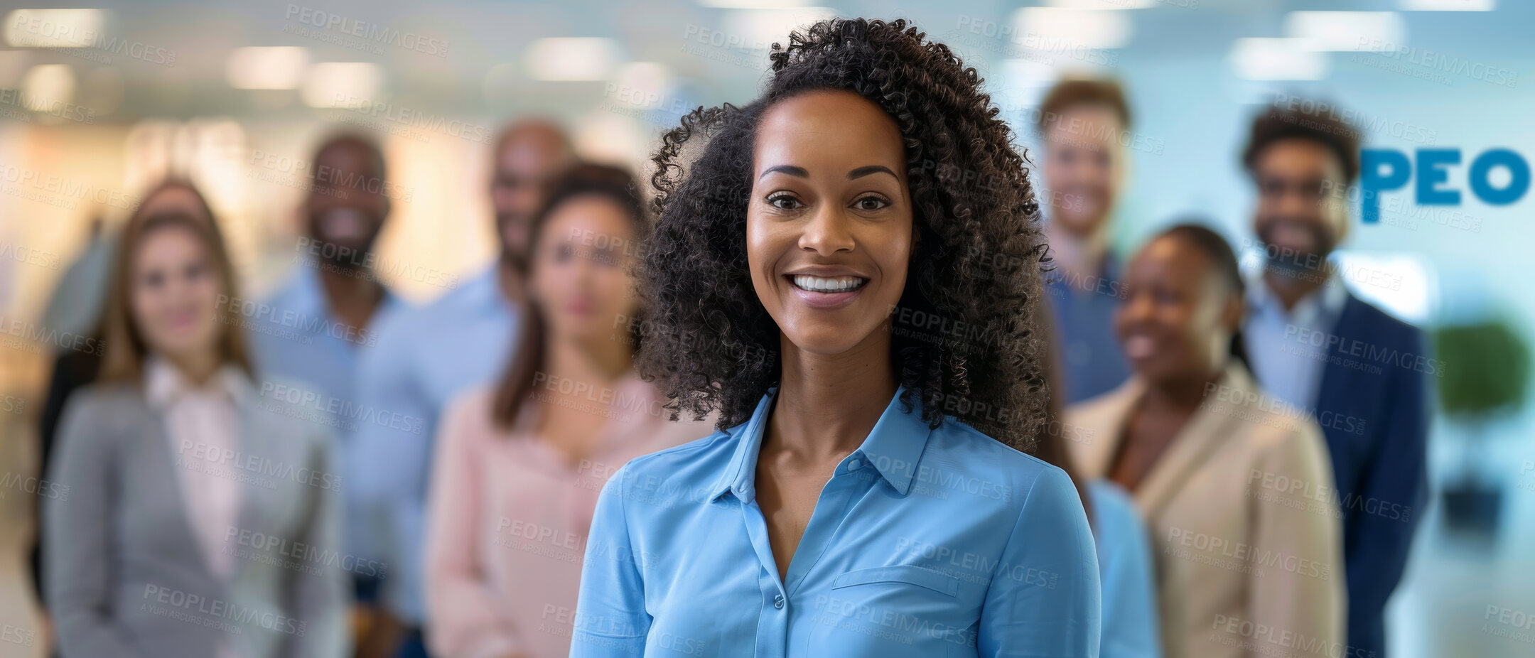 Buy stock photo Portrait, leader and group of business people with woman, confidence and solidarity at HR office. About us, teamwork and happy female businesswoman with support, trust and pride in employee relations