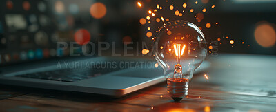 Laptop, lightbulb and business idea or technology innovation for creative startup, visionary or entrepreneurship. Bokeh, bright and electricity internet connection or growth, inspiration or knowledge