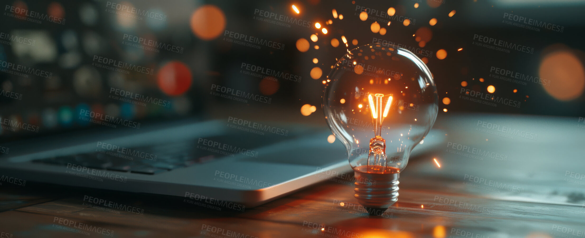 Buy stock photo Laptop, lightbulb and business idea or technology innovation for creative startup, visionary or entrepreneurship. Bokeh, spark and electricity internet connection or growth, inspiration or knowledge