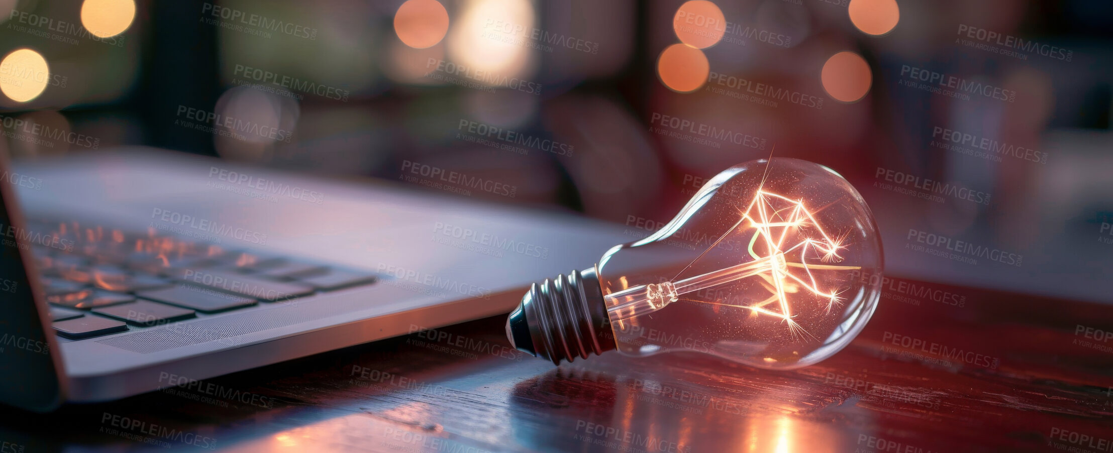 Buy stock photo Laptop, lightbulb and idea for business problem solving as innovation, invention or solution. Electricity, bokeh and project planning for entrepreneurship or digital app, brainstorming or inspiration