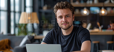 Businessman, portrait and laptop for tech web design as entrepreneur for creative, coworking space or freelance. Male person, face and confidence for remote work at desk, project planning or online