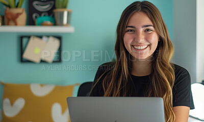 Buy stock photo Woman, portrait and home with smile, laptop and confidence for study goals. Creative student, technology and research for remote education, learning and proud in bedroom with online university