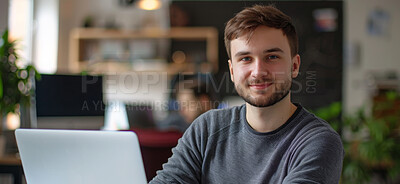 Businessman, portrait and laptop for tech startup as entrepreneur as app designer, coworking space or freelance. Male person, face and confidence for remote work at desk, project planning or online