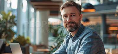 Businessman, portrait and laptop in coffee shop or remote work as freelance game designer, digital app or entrepreneur. Male person, face and restaurant for virtual in cafe, small business or startup