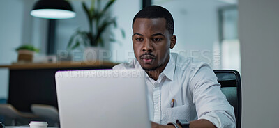 Laptop, project management and research with business black man in office for online administration. Computer, email and internet with confident employee reading information at work for development