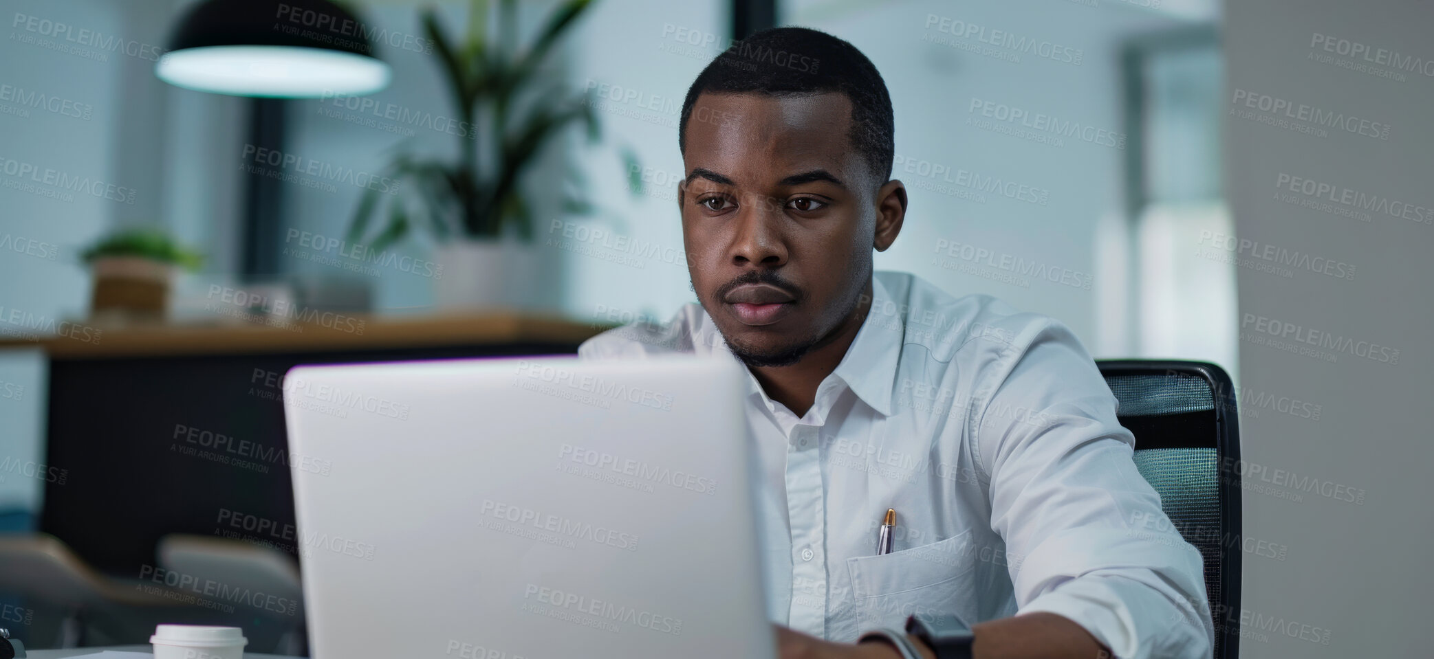 Buy stock photo Laptop, project management and research with business black man in office for online administration. Computer, email and internet with confident employee reading information at work for development