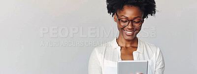 Black woman, tablet and smile in studio for social media, internet and good news. Fashion designer, technology and happy on isolated white background for online shopping, clothes and trendy style