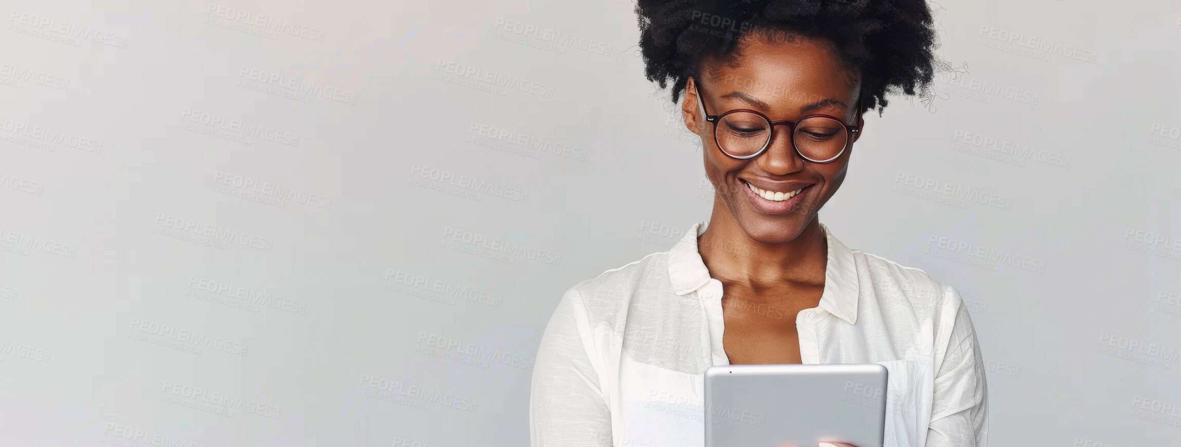 Buy stock photo Black woman, tablet and smile in studio for social media, internet and good news. Fashion designer, technology and happy on isolated white background for online shopping, banner and trendy style