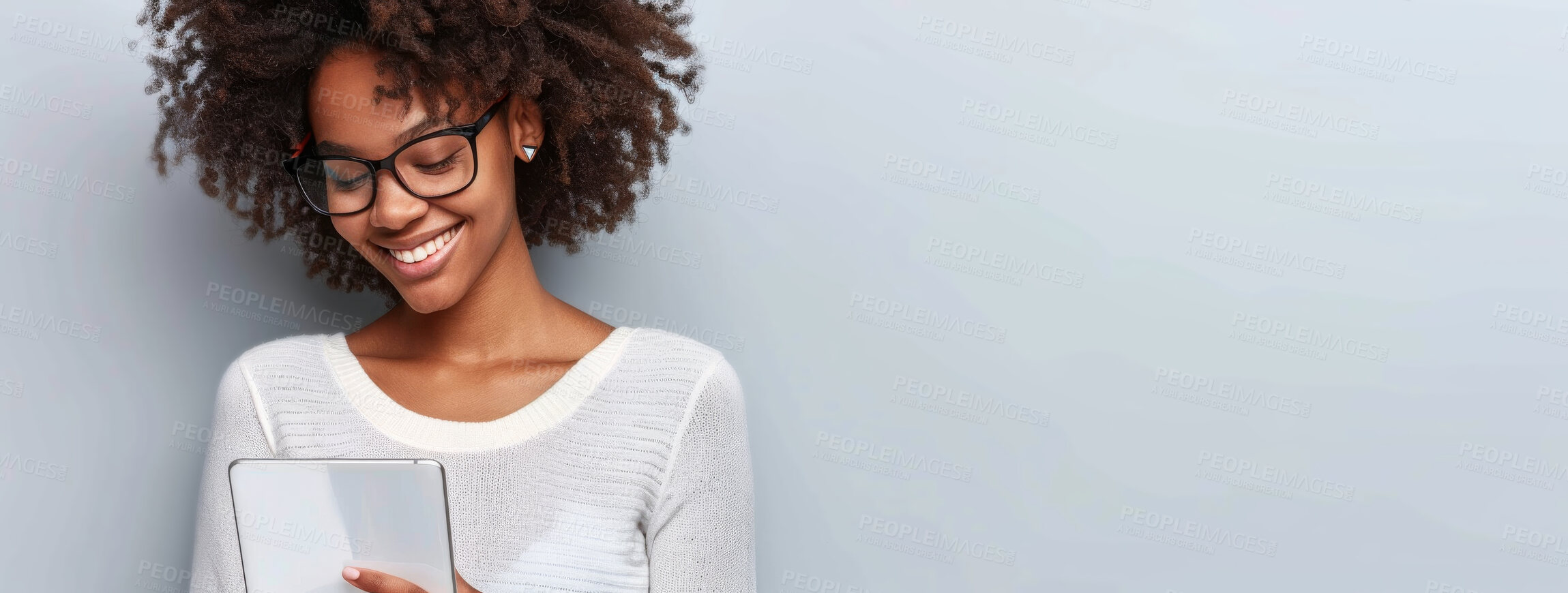 Buy stock photo Black woman, tablet and happy in studio for social media, internet and good news. Fashion designer, technology and smile on isolated white background for online shopping, banner and trendy style