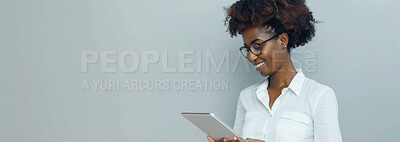 Tablet, mockup and black woman in studio working on corporate finance procedures with smile. Happy, banner and African female financial advisor with research on digital technology by gray background.